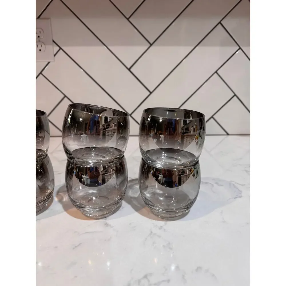 Mid-Century Modern Silver Ombre roly-poly cocktail set 8 cups w/ ice bucket 60s